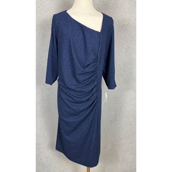 SLNY Plus Size Women's Glitter Asymmetric Neckline Ruched Dress 20W Blue NWT's - Picture 1 of 8